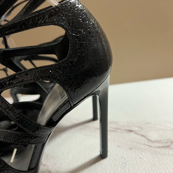 Stuart Weitzman Black Patent Leather Excite Pointy Toe Lace Up Pumps 6.5 M. - Picture 5 of 11